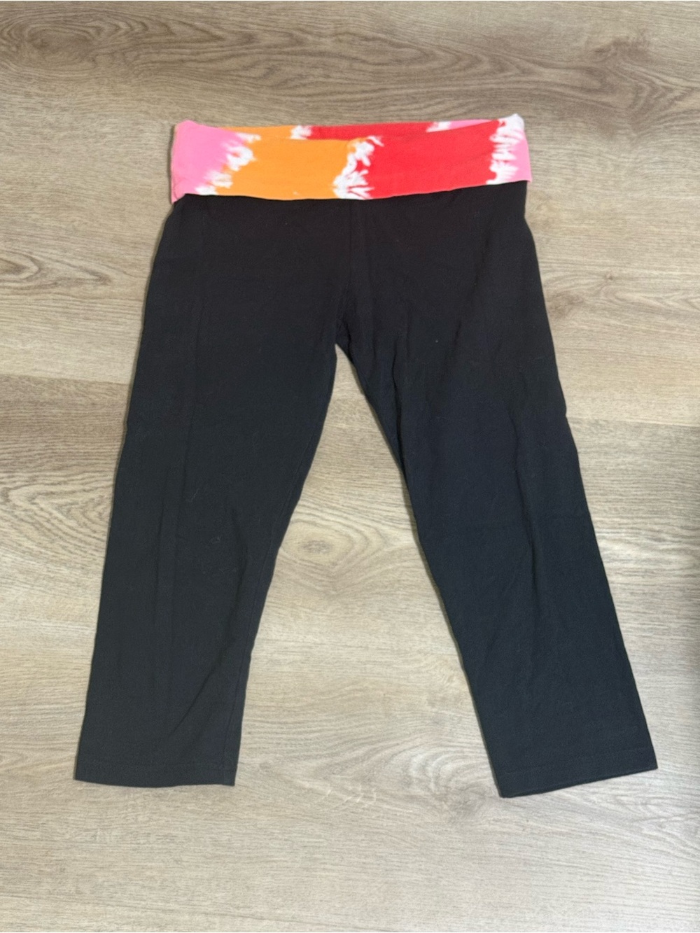 SO Black Capri Leggings with Pink and Orange Tie-Dye Waistband